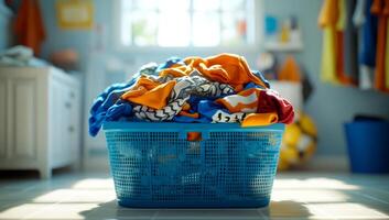 A blue basket full of clothes is sitting on a floor. The clothes are all different colors and sizes. The basket is overflowing with clothes, and it looks like it's been sitting there for a while photo