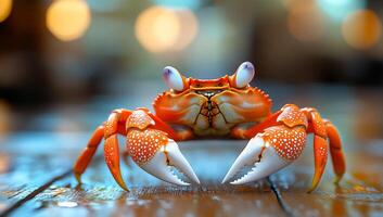 A crab is standing on a wooden surface, looking at the camera. The crab is orange and white, with a large claw on each side. The scene is calm and peaceful photo