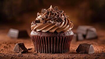 A chocolate cupcake with chocolate frosting and chocolate sprinkles on top. The cupcake is sitting on a brown surface with chocolate crumbs scattered around it photo