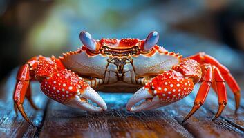 A crab is shown in a close up, with its claws extended and its eyes looking up. The crab is red and white, with a pattern of dots on its shell. Concept of curiosity and wonder photo