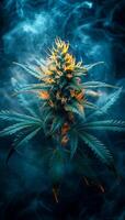 A close up of a marijuana plant with smoke surrounding it. Scene is somewhat ominous and dark, as the smoke seems to be emanating from the plant itself photo