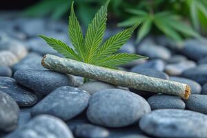 A rolled up joint sits on a rock with a leaf of marijuana on top of it. Scene is relaxed and casual, as if someone is taking a break from their day to enjoy a smoke photo