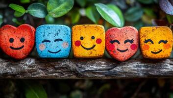 A row of smiling faces made of rocks. The faces are of different colors and sizes, and they are all smiling. Concept of happiness and positivity photo