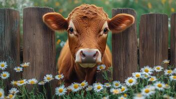 A cow is looking at the camera through a wooden fence. The fence is surrounded by a field of flowers photo