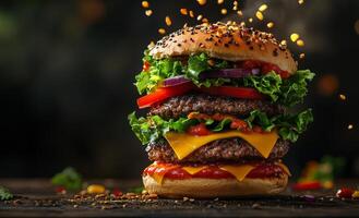 A large hamburger with lettuce, tomato, and onions on top. The burger is piled high with cheese and meat, and it looks like it's about to fall apart photo