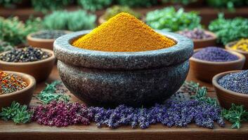A bowl of spices is on a table with other bowls of spices. The spices include cumin, turmeric, and basil photo