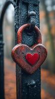 A red heart is hanging from a metal gate. The heart is locked and the gate is closed photo