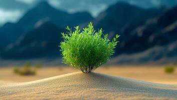 A small green bush is growing on a sandy hillside. Concept of resilience and hope, as the plant is able to thrive in a harsh environment photo