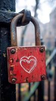 A red lock with a heart drawn on it. The lock is hanging from a metal fence. The heart is drawn in white paint, and it is the only thing on the lock photo