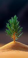 A small tree is growing on a sandy hill. The tree is surrounded by sand and he is the only plant in the area. Concept of solitude and isolation, as the tree stands alone in the vast desert landscape photo