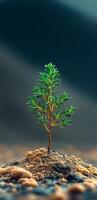 A small tree is growing in the dirt. The tree is green and has a few leaves. The image has a peaceful and calming mood, as the tree is growing in a natural setting photo