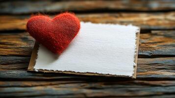 A heart is placed on top of a blank piece of paper. The heart is red and fuzzy, and the paper is white. Concept of love and warmth, as the heart is a symbol of affection photo