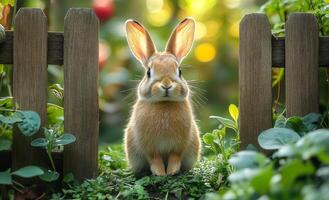 A rabbit is sitting in front of a wooden fence. The rabbit is looking at the camera with a curious expression. The scene is peaceful and calm, with the rabbit being the main focus of the image photo
