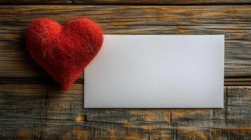 A heart is on top of a blank piece of paper. The heart is red and fuzzy. The paper is white photo