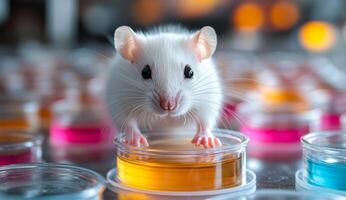 A white mouse is standing on a glass container with a yellow liquid in it. The mouse is looking at the camera with curiosity photo