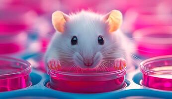 A white mouse is looking at the camera in a pink container. The mouse is in a lab setting, surrounded by pink containers photo