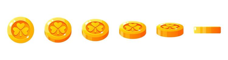 Set of gold coins with the image of a shamrock on a white background in different positions. Coins with the image of a clover, a symbol of St. Patrick's Day, money for luck with a clover sign. vector