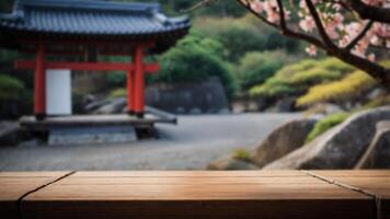 Wooden table in a serene garden setting, perfect for showcasing your products. photo