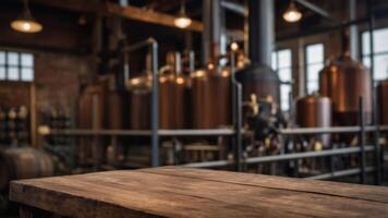 Rustic wooden table in a vintage distillery. Perfect background for product display, showcasing craftsmanship and aged textures. photo