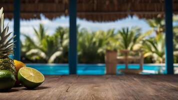 Tropical fruits on a wooden table with a blurred background of a swimming pool and palm trees. photo