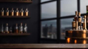 Dark wooden surface with blurred background of shelves filled with liquor bottles and a large window with a city view. photo