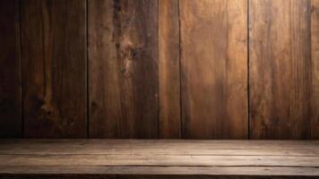 Rustic wooden background with empty shelf, perfect for product display or showcasing items. photo