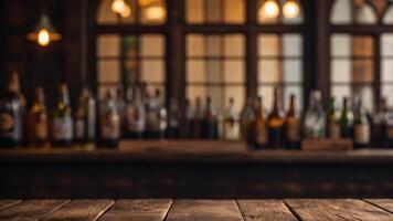 Rustic wooden table in a dimly lit bar setting, perfect for showcasing your product. photo