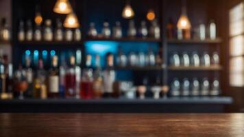 Empty bar top with blurred background of liquor bottles and shelves. Perfect for showcasing your product. photo
