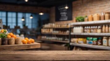 Rustic wooden table in a farm-to-table store. Perfect for showcasing your products photo