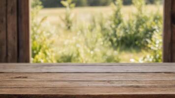 Rustic wooden table with blurred natural background. Perfect for showcasing your products in a serene setting. photo