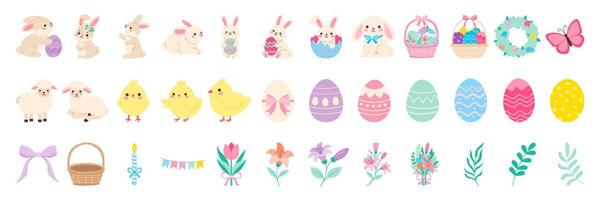 A collection of Easter themed images including Easter eggs, rabbits, and flowers. The images are in a pixelated style and are arranged in a row vector