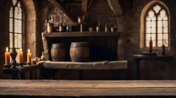 Rustic wooden table in a medieval-style room, perfect for showcasing products. photo