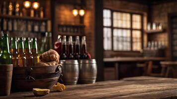 Rustic bar setting with bottles and barrels, perfect for showcasing your product. photo