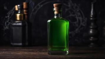 A bottle of vibrant green liquid sits on a dark wooden surface, with a smoky atmosphere and other dark objects in the background. photo