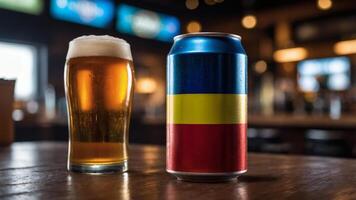 A pint of beer and a can of beverage sit on a bar counter. The can features a tricolor design. photo