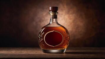 Elegant decanter of amber liquid, sits on a rustic wooden surface against a dark, moody background. Perfect for spirits or liqueur advertising. photo