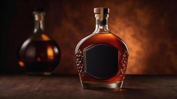 Decanter of amber liquid with blank label, set against a dark, rustic background. Perfect for spirits, liquor, or beverage branding. photo