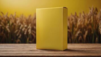 Gold box product mockup against a blurred background of wheat stalks. Ideal for packaging design and branding. photo