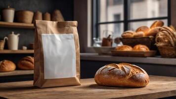 Artisan bread and a blank paper bag on a rustic wooden table. Perfect for bakery branding or packaging mockups. photo