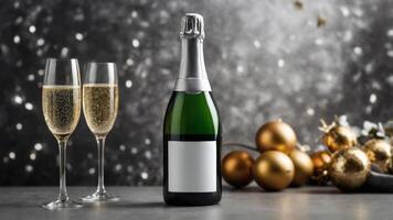 Celebrate with a bottle of sparkling wine and two champagne flutes. Festive gold ornaments add to the celebratory mood. photo