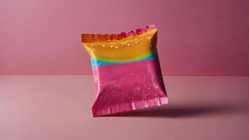 Colorful candy package mockup on pink background. Perfect for branding and advertising. photo