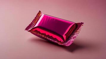 Shiny pink candy bar wrapper mockup. Perfect for showcasing your product design. photo