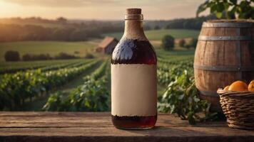 Dark beverage bottle with blank label, rustic setting. Vineyard backdrop, wooden barrel and fruit nearby. Perfect for branding. photo