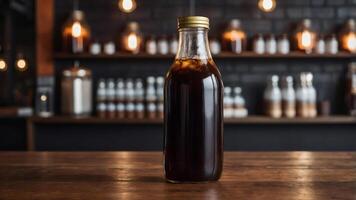 Cold brew coffee in glass bottle on wooden counter. Dark, rich beverage in cafe setting. photo