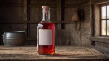 Rustic bottle with blank label on wooden table. Perfect for product displays or vintage designs. photo