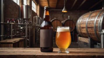 Craft Beer Bottle and Glass in Brewery Setting. Perfect for label mockups and advertising. photo