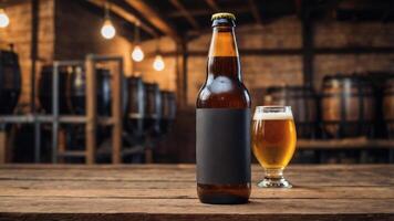 Craft Beer Bottle and Glass Mockup. Perfect for showcasing your brewery's latest brew. Blank label for easy customization. photo