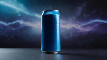 Refreshing blue can drink on dark background. Perfect for energy drink, soda, or beverage product mockups. Ideal for advertising and branding. photo
