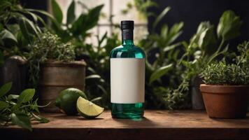 Green glass bottle with blank label, surrounded by lush greenery and limes. Perfect for showcasing your product photo