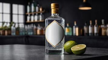 Gin bottle with ice and limes on a bar counter. Perfect for drink recipes, bar menus, or spirits advertising. photo